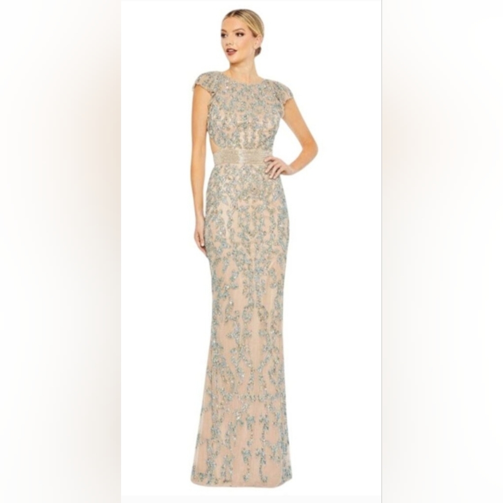 Mac Duggal Gold Gown with Flutter Cap Sleeves for Weddings